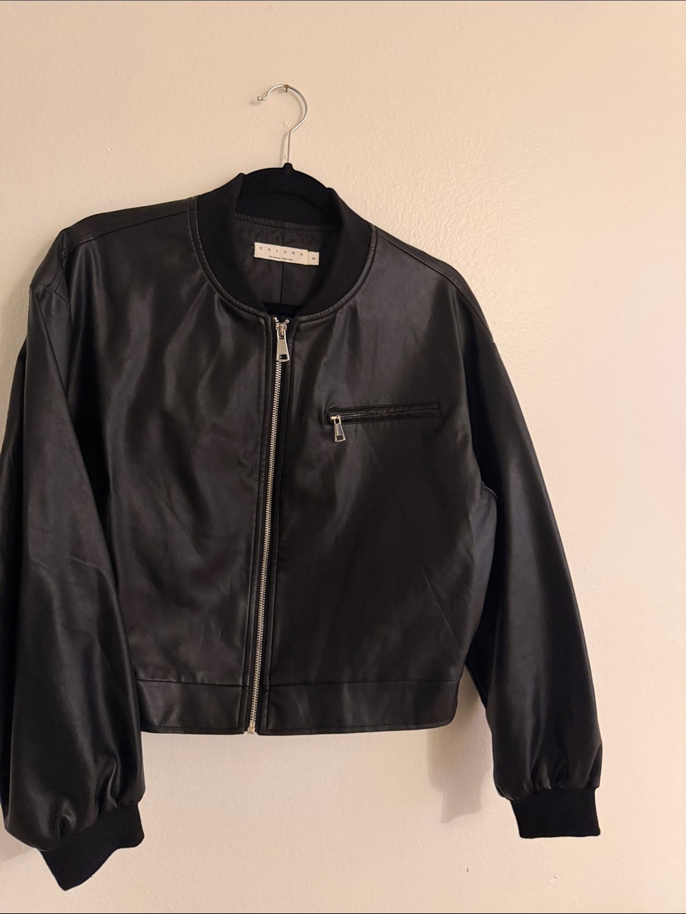 Women's Black Faux Leather Bomber Jacket - EXLURA